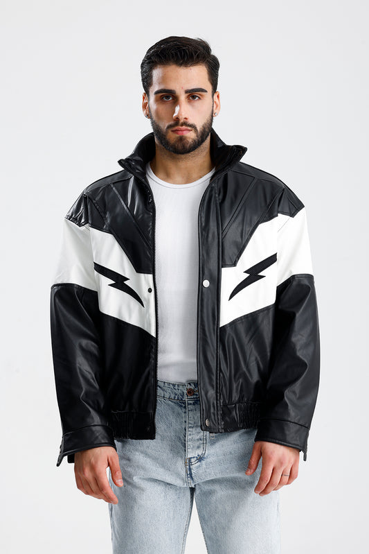 Şimşek Desen Vintage Motors Deri Ceket