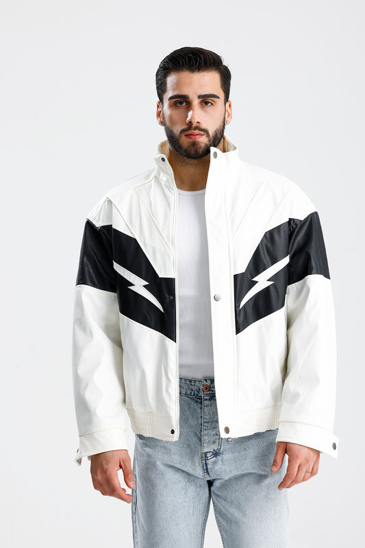 Şimşek Desen Vintage Motors Deri Ceket