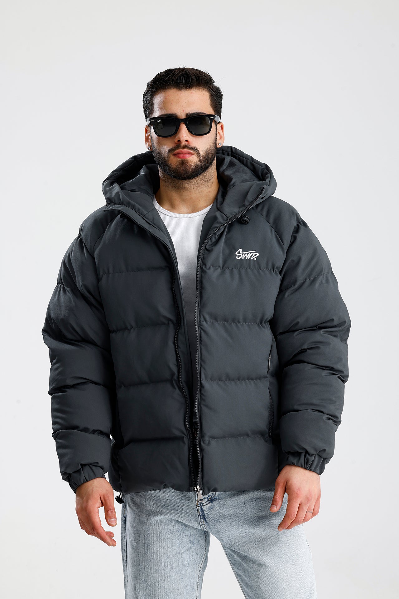 STWD Nakışlı Oversize Kapüşonlu Şişme Mont