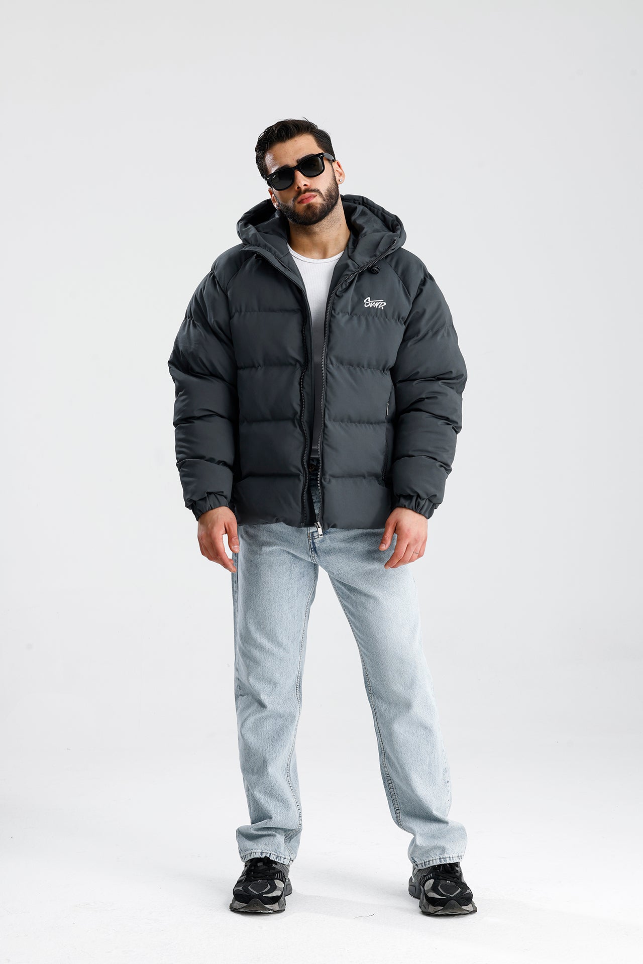 STWD Nakışlı Oversize Kapüşonlu Şişme Mont