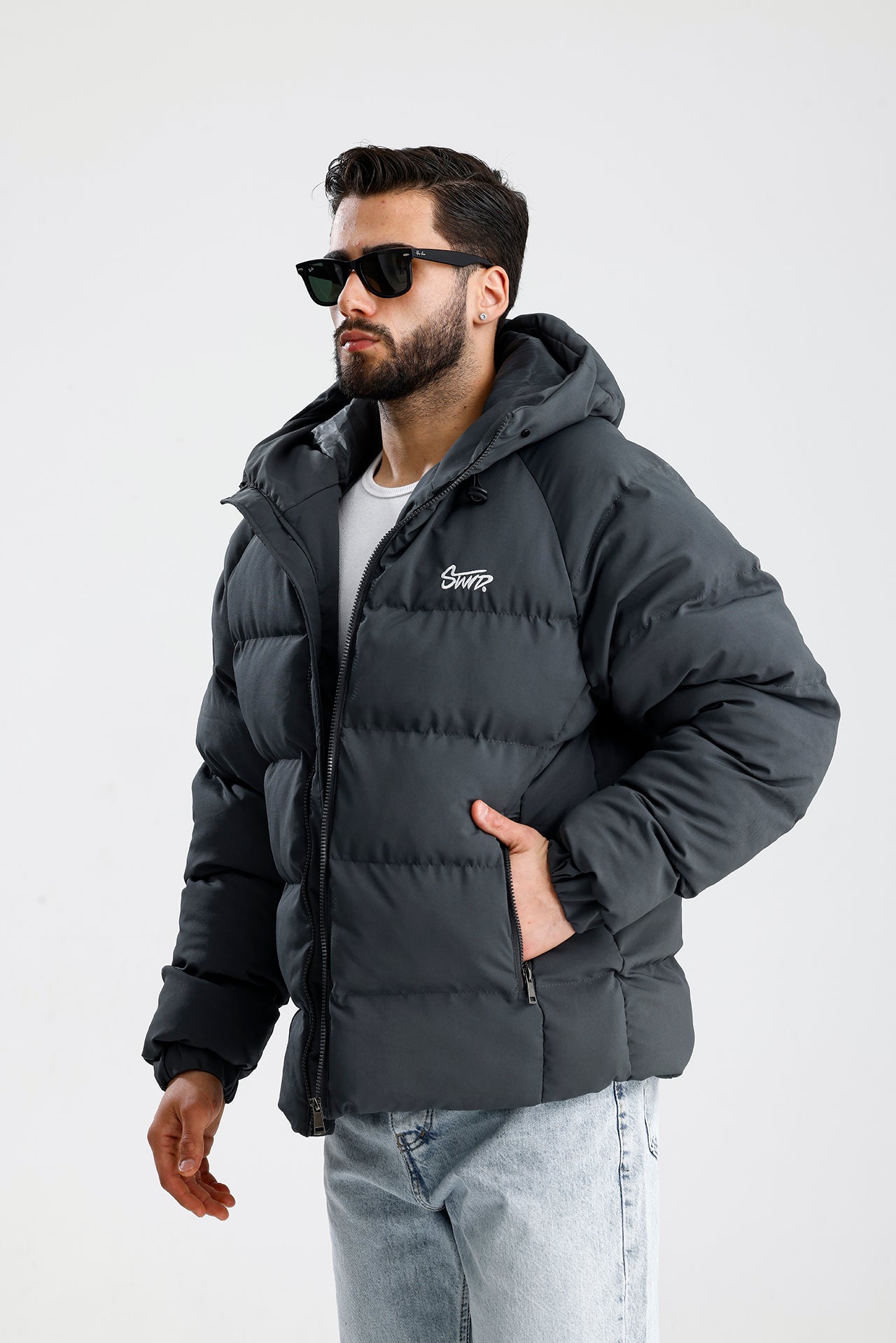 STWD Nakışlı Oversize Kapüşonlu Şişme Mont