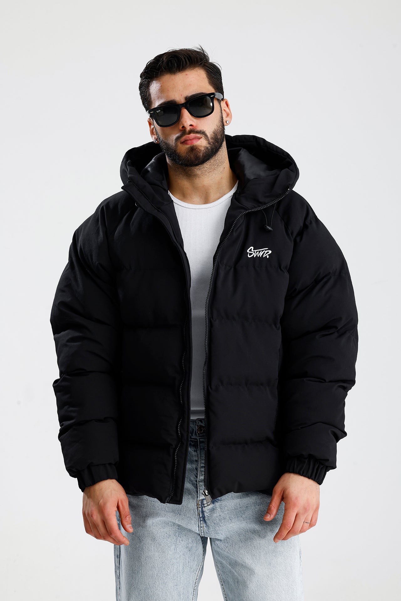 STWD Nakışlı Oversize Kapüşonlu Şişme Mont