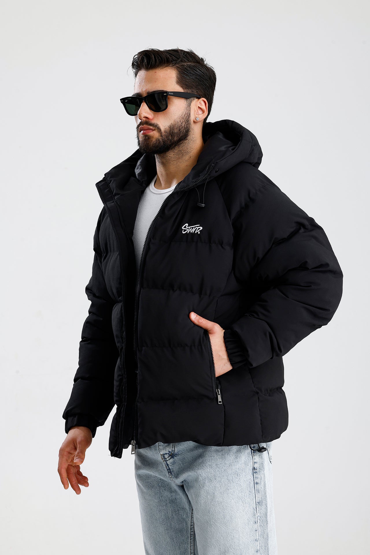 STWD Nakışlı Oversize Kapüşonlu Şişme Mont