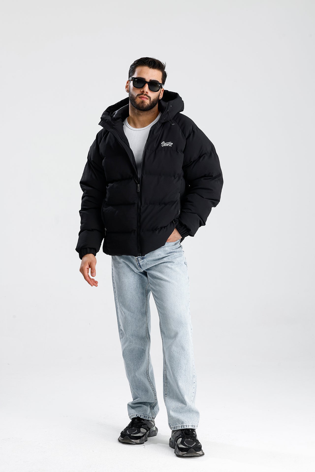 STWD Nakışlı Oversize Kapüşonlu Şişme Mont