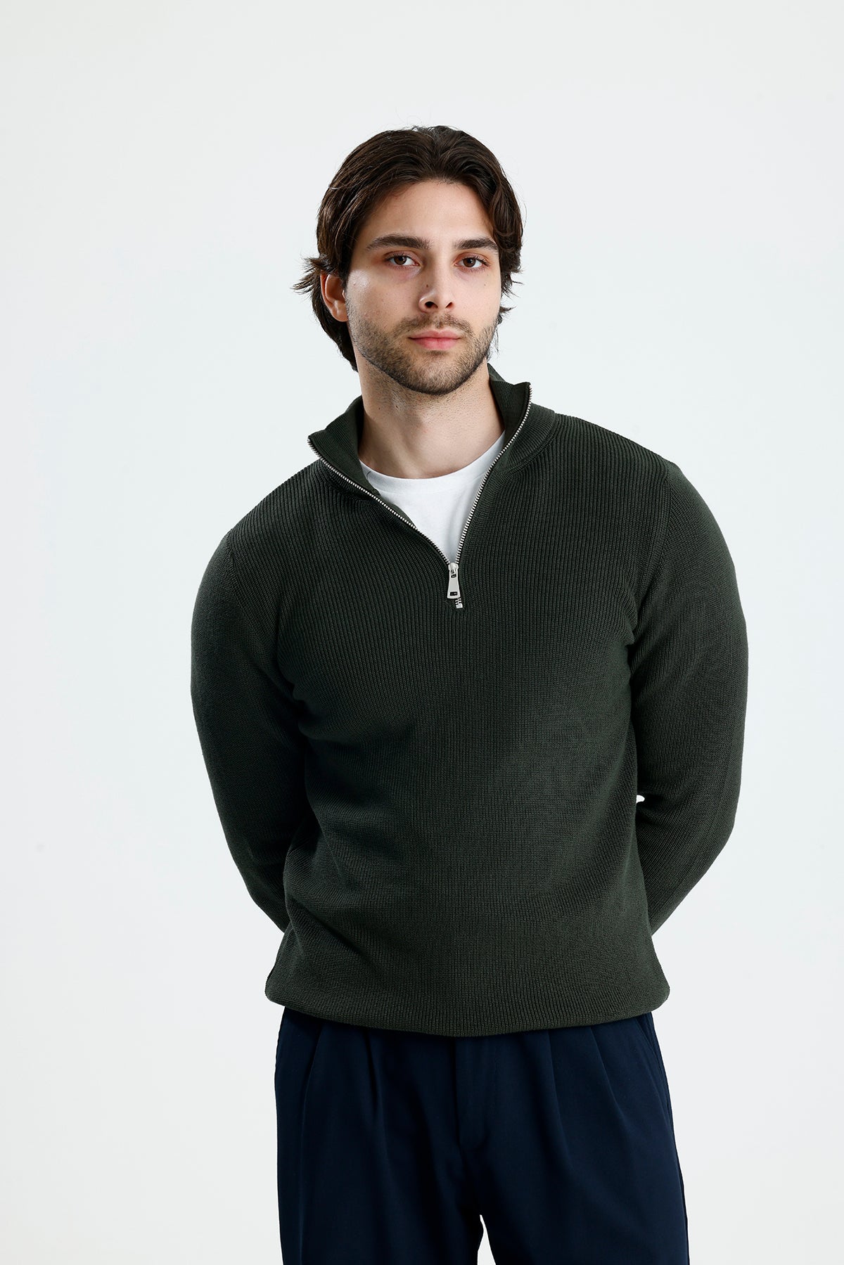 Yarım Fermuarlı Selanik Örgü Triko Kazak