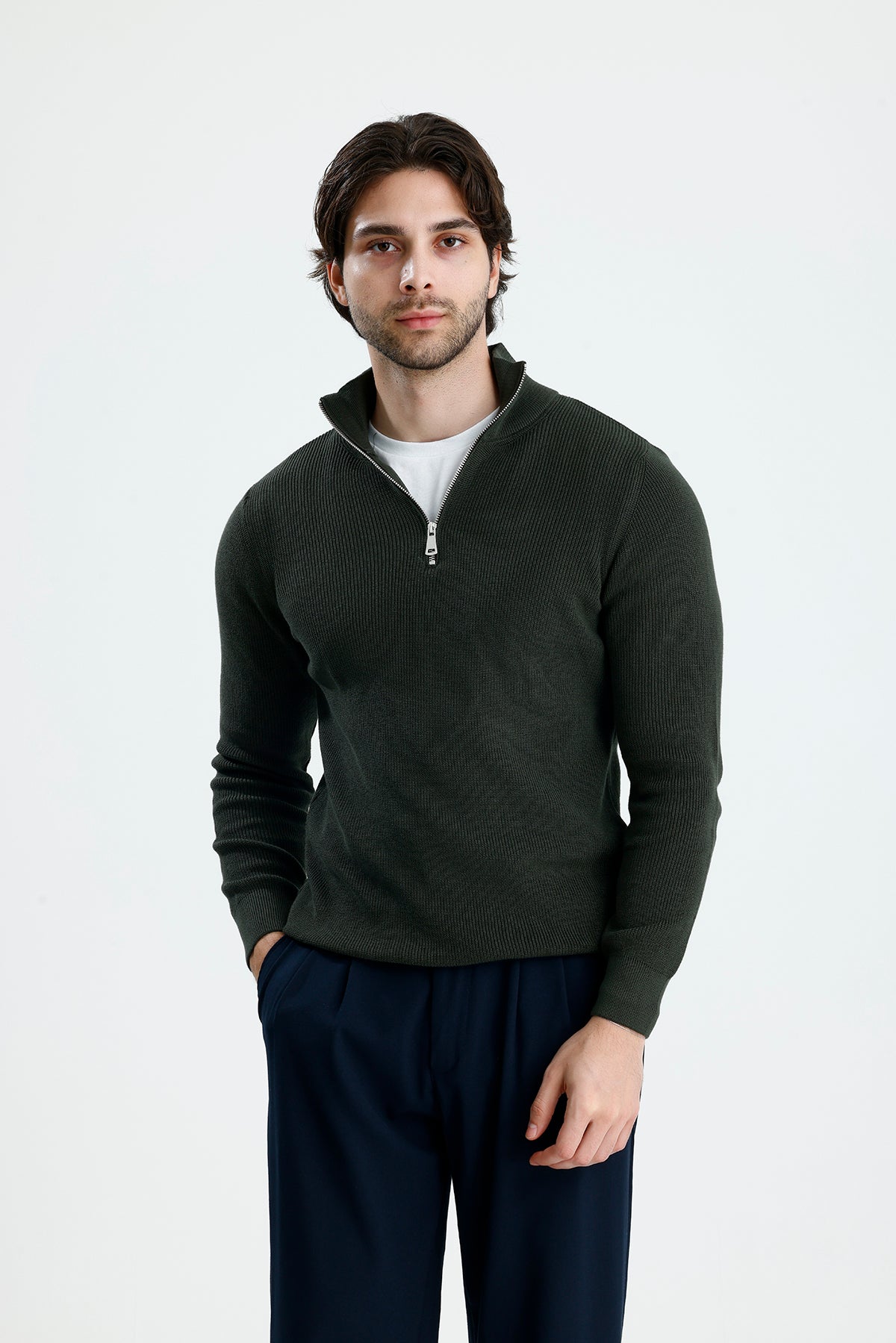 Yarım Fermuarlı Selanik Örgü Triko Kazak