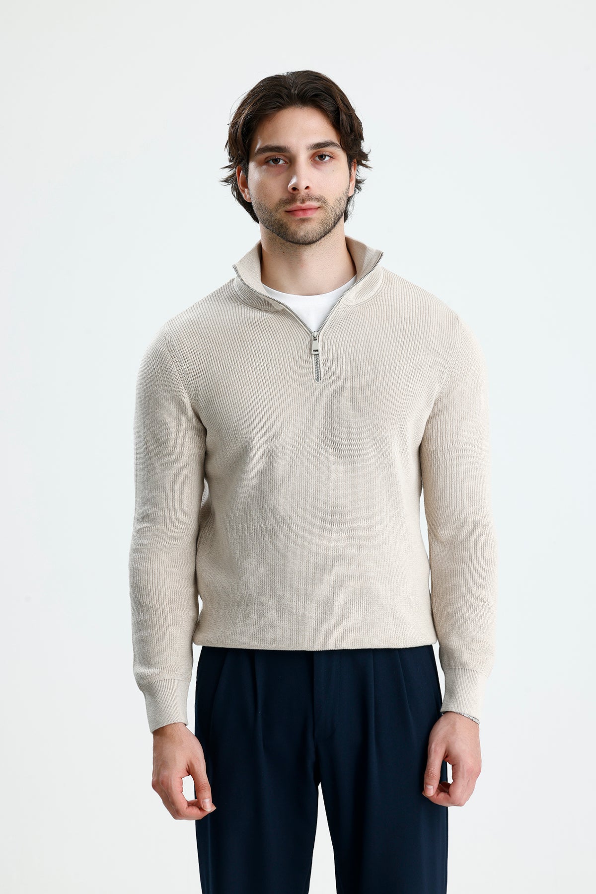 Yarım Fermuarlı Selanik Örgü Triko Kazak