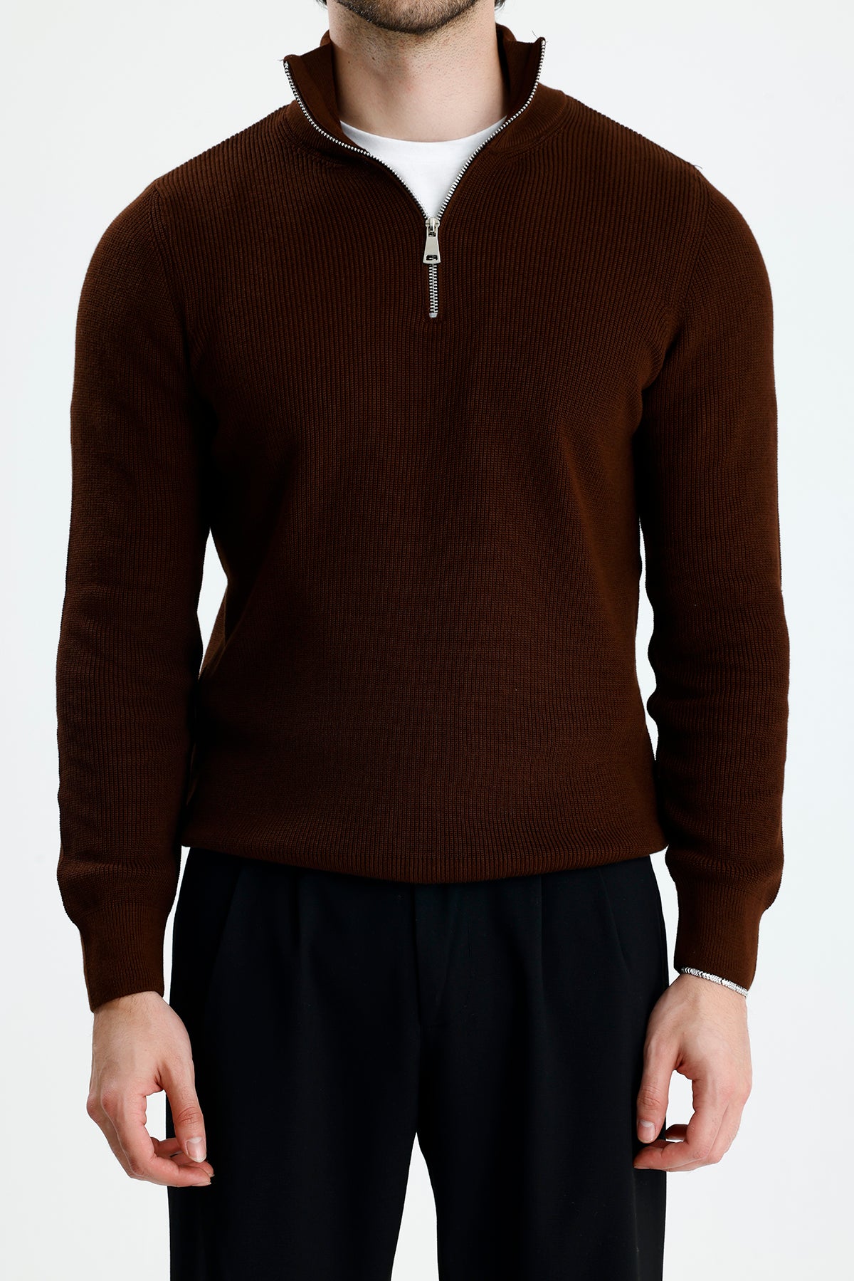 Yarım Fermuarlı Selanik Örgü Triko Kazak