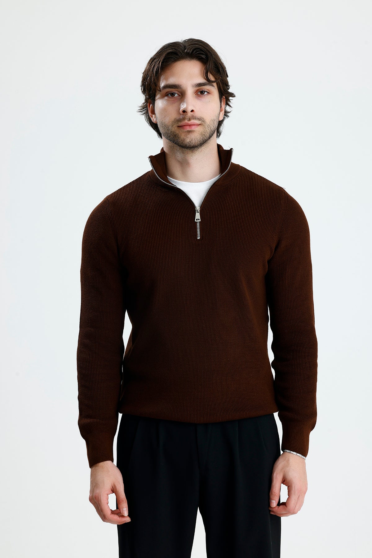 Yarım Fermuarlı Selanik Örgü Triko Kazak