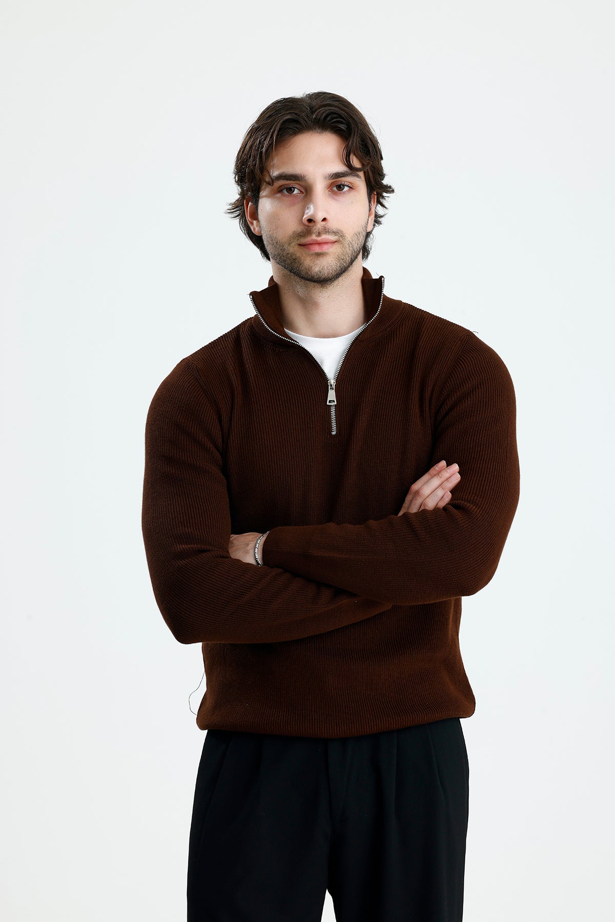 Yarım Fermuarlı Selanik Örgü Triko Kazak