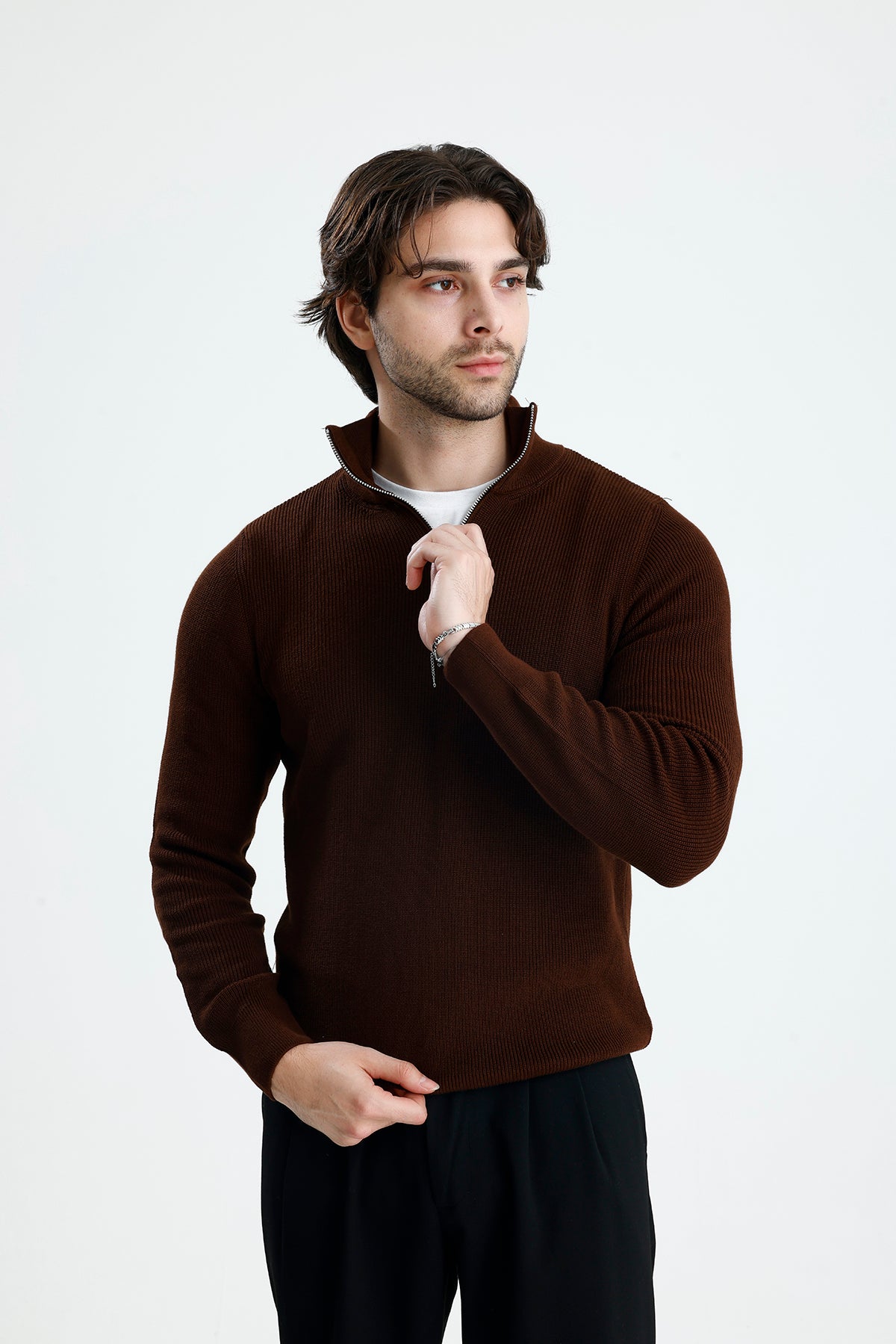 Yarım Fermuarlı Selanik Örgü Triko Kazak