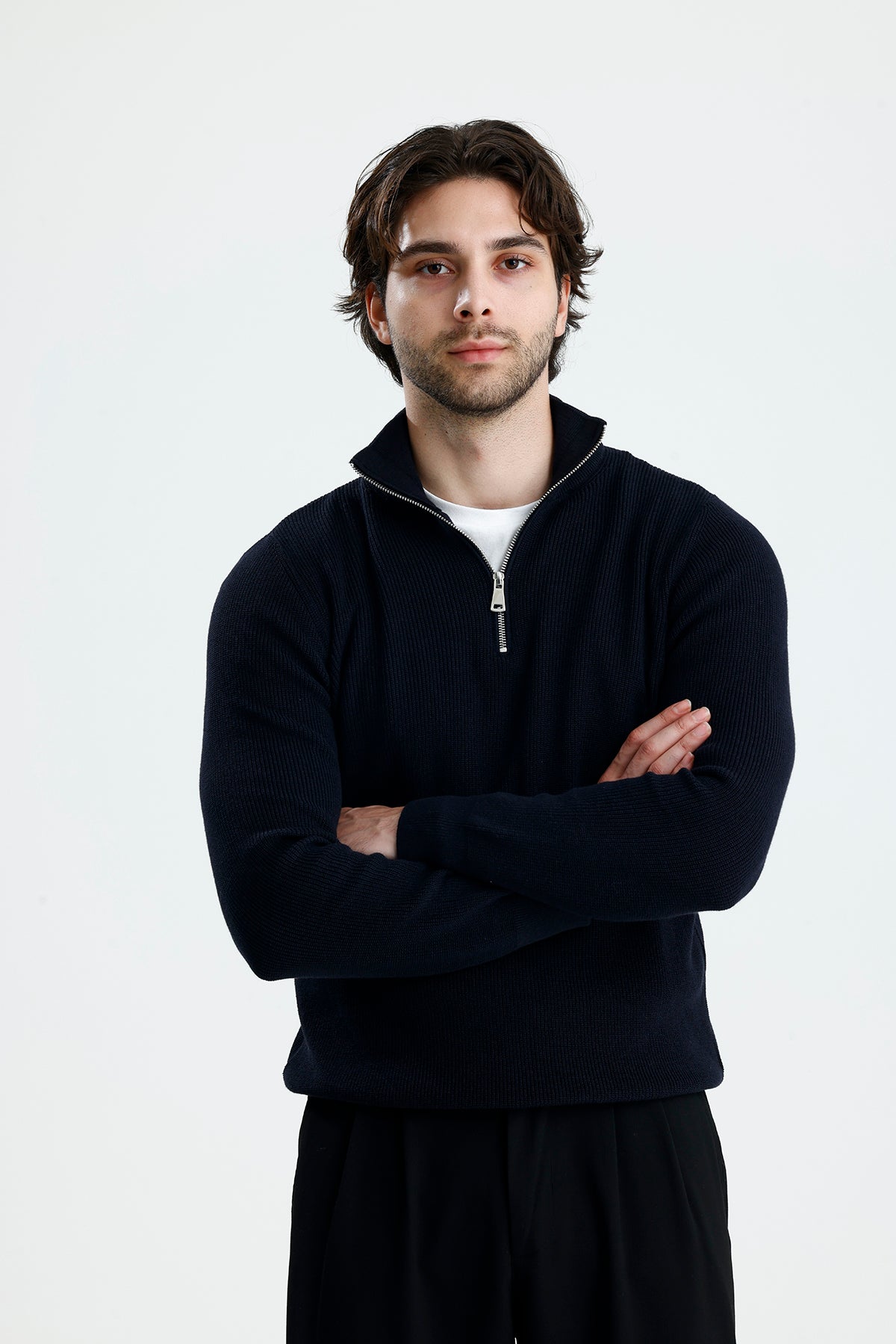 Yarım Fermuarlı Selanik Örgü Triko Kazak