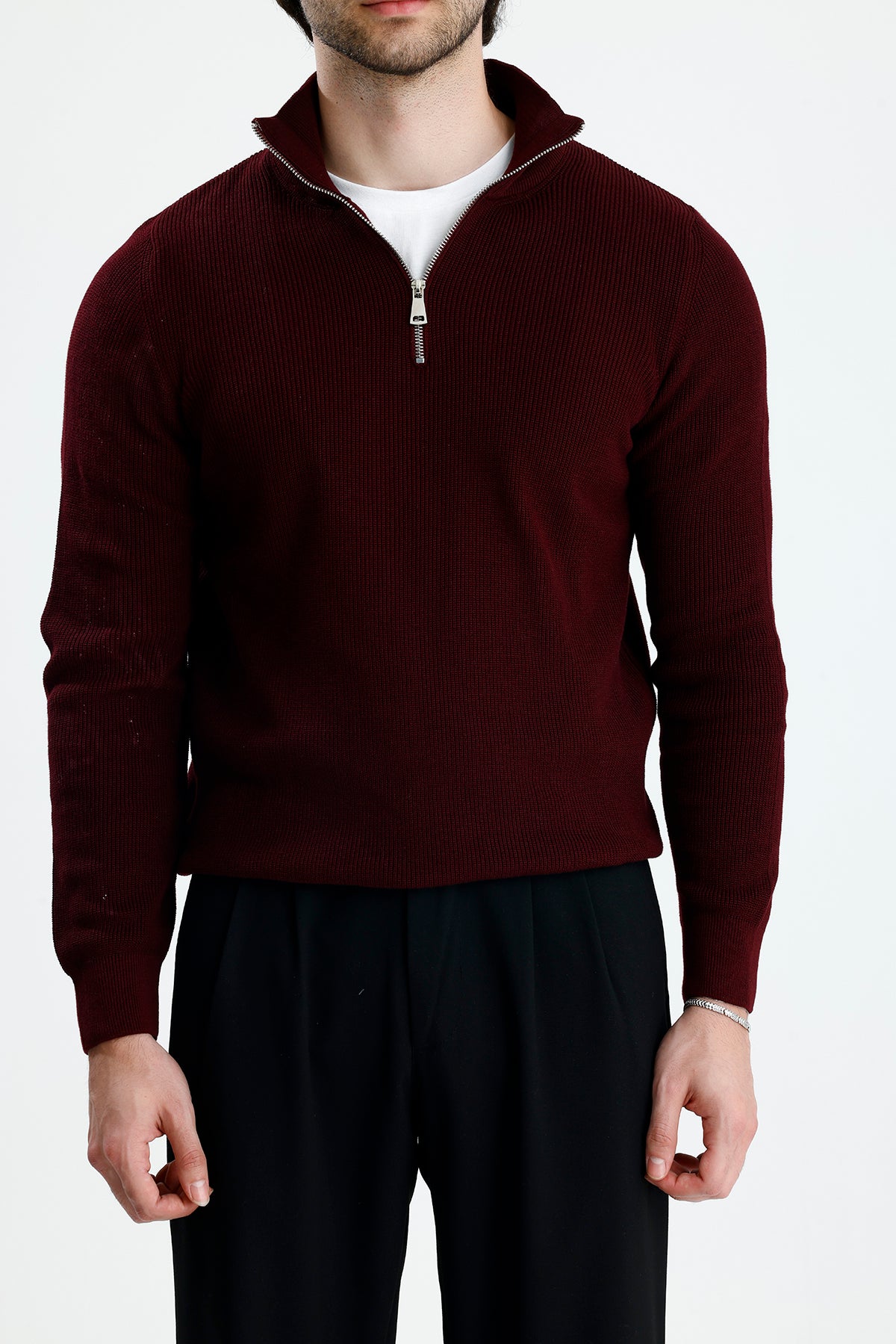 Yarım Fermuarlı Selanik Örgü Triko Kazak