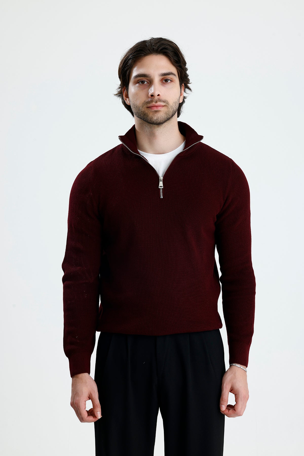 Yarım Fermuarlı Selanik Örgü Triko Kazak