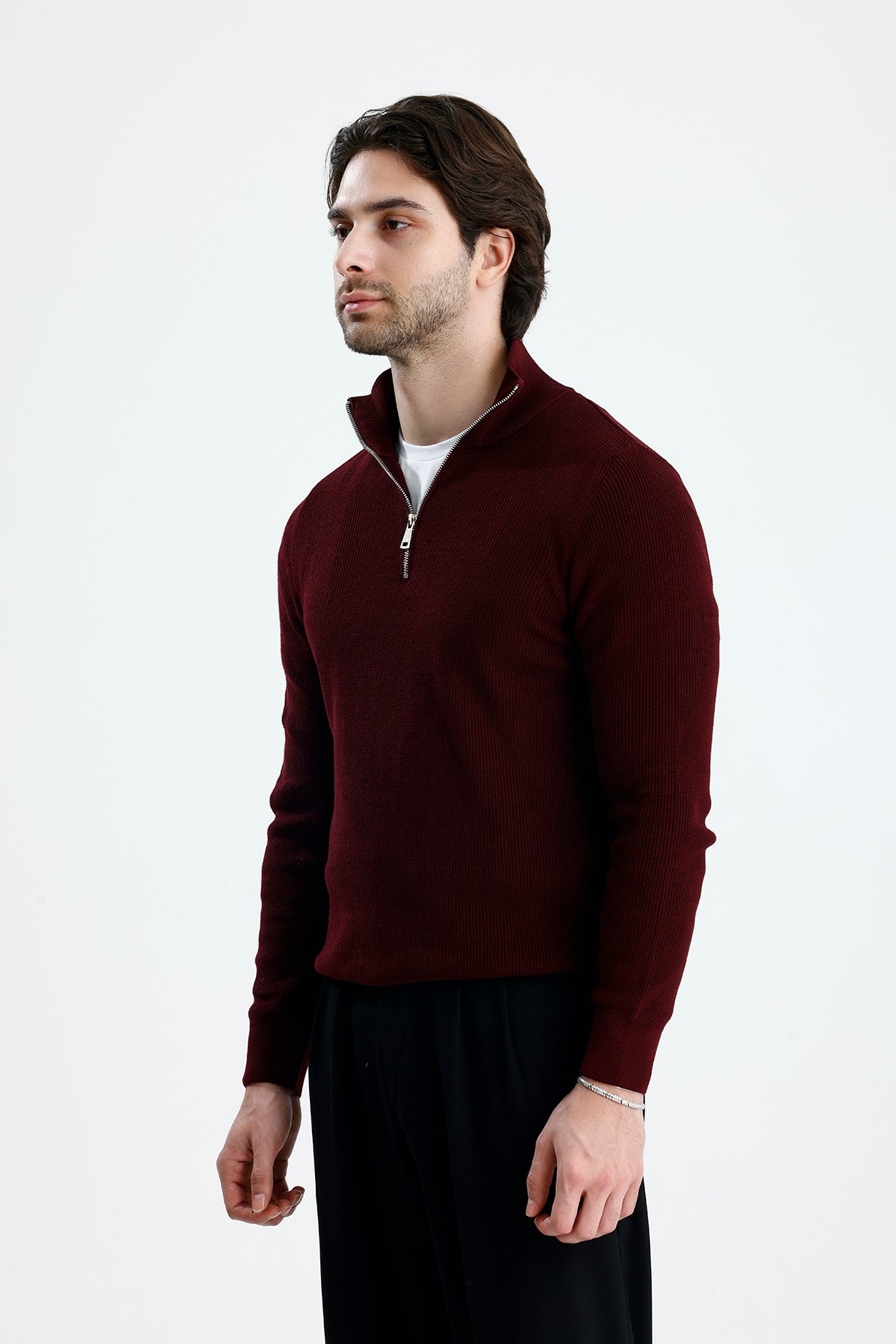 Yarım Fermuarlı Selanik Örgü Triko Kazak