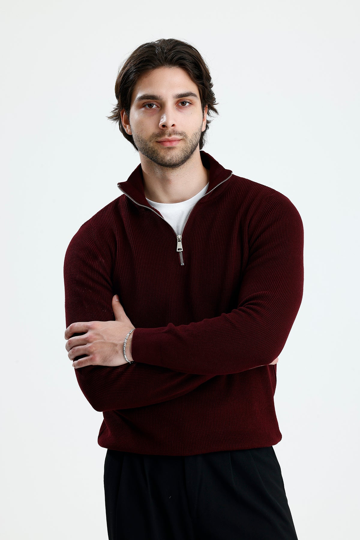 Yarım Fermuarlı Selanik Örgü Triko Kazak