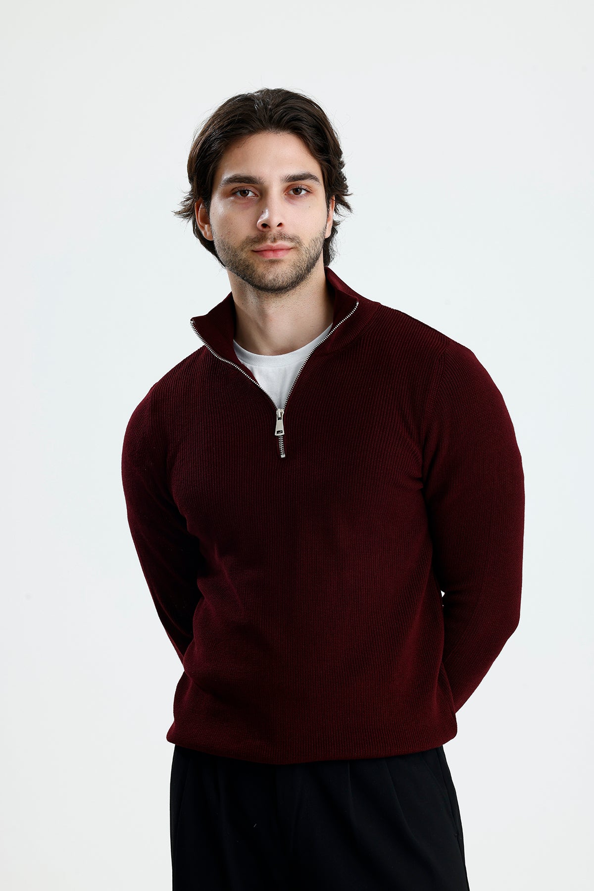 Yarım Fermuarlı Selanik Örgü Triko Kazak