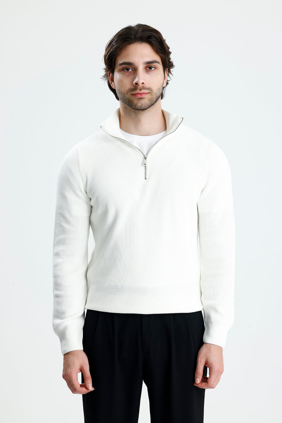 Yarım Fermuarlı Selanik Örgü Triko Kazak